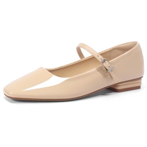 Lookyno Mary Jane Shoes Women Square Toe Mary Jane Flats Casual Ballet Flats with Ankle Strap Dressy Comfortable,Nude,10 - Image 1