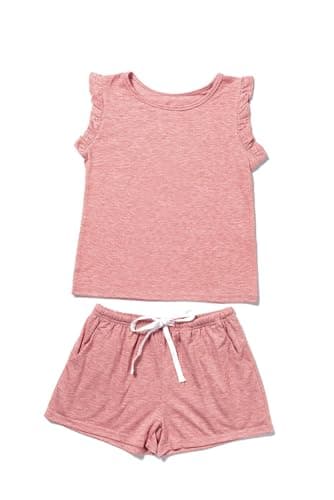 blibean Girl Summer Clothes Set Ruffle Sleeveless Matching Outfits Tween Kids Short Sleeve Solid Tee Shirts Clothing Pocket Tops Pants Size 8-9 Year Old Pink - Image 1