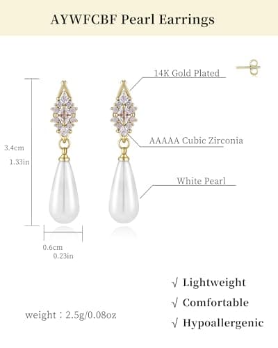 Pearl Earrings for Women, Hypoallergenic Silver Cubic Zirconia Pearl Dangle Earrings Bridal Shower Gifts Wedding jewelry for Women - Thumbnail 6