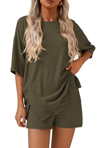 KIRUNDO 2 Piece Sets for Women Summer Lounge Sets Casual Oversized Tshirts Shorts Matching Airport Travel Outfits Postpartum(Army Green, Small) - Image 1