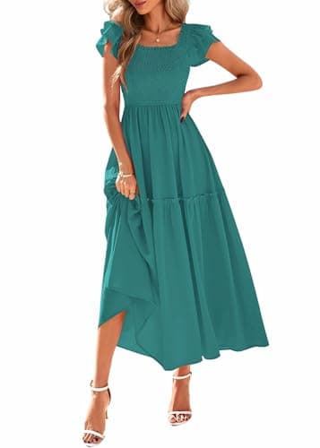 KIRUNDO Smocked Summer Dresses for Women 2026 Wedding Guest Midi Flowy Ruffle Short Sleeve Square Neck Tiered Sundress(Blue Green, X-Large) - Image 1