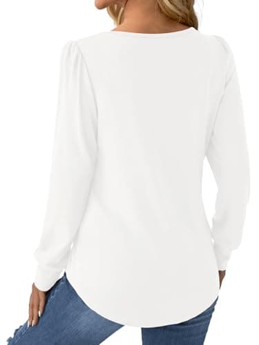 GKBK Women Long Sleeve Shirts Fall Tops Dressy Pleated Scooped Neck Tunic Tops for Leggings White M - Thumbnail 5