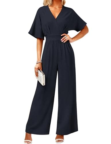 LOOKBOOK Womens Jumpsuit V Neck Batwing Sleeve Belted High Waist Wide Leg Romper with Pocket One Piece Casual Outfit Navy XXL - Image 1