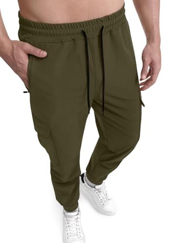 Crastimo Slim Cargo Pants Men Stretch Elastic Waist Drawstring Sweatpants Cuffs Lightweight Slim Fit 5 Pockets Joggers No Lining Army Green 3XL - Image 1