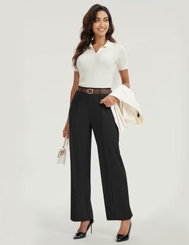 AVAMO Wide Leg Dress Pants for Women Pull On Stretchy Work Pants with Pockets High Elastic Waist Office Business Black - Thumbnail 3