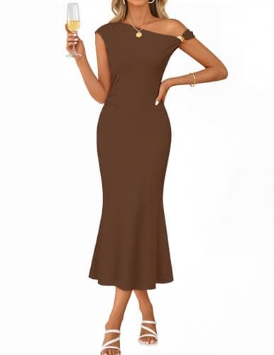 MEROKEETY Women's Wedding Guest One Shoulder Dresses 2026 Summer Formal Elegant Cocktail Party Midi Dress, Brown, L - Image 1