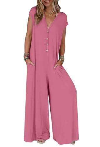MEROKEETY Women's 2026 Summer Cap Sleeve Jumpsuits Dressy Casual Deep V Neck Button Onesie Wide Leg Pants Rompers, DustyPink, XL - Image 1