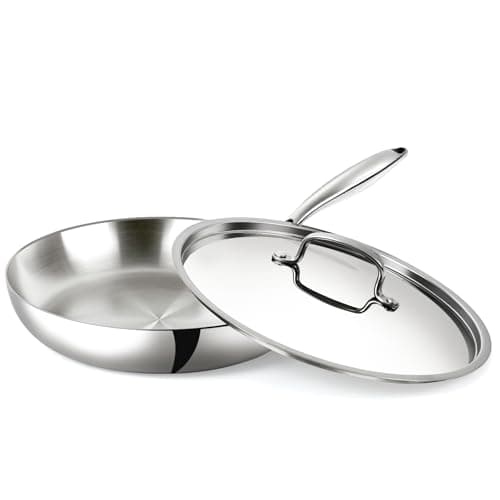 USELUCK 10 Inch Stainless Steel Frying Pan - 3 Ply Stainless Clad Skillet with Lid, Durable and Even Heating, Professional Cookware for Induction, All Stoves Compatiable Oven & Dishwasher Safe