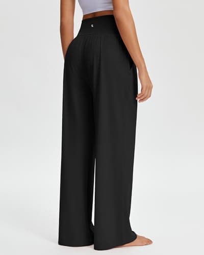 Stelle Women's Wide Leg Yoga Pants with Pockets High Waist Loose Sweatpants Comfy Casual Lounge Pants Black 28" Inseam Small - Thumbnail 4