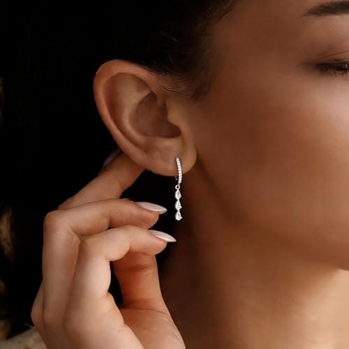 Dangle Earrings for Women Silver Diamond Hoop Earrings Dainty Cubic Zirconia Drop Earring Wedding Jewelry for Brides - Thumbnail 4