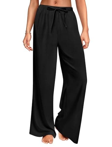DLOODA Wide Leg Linen Pants for Women, Loose Flowy Palazzo Pants with Pockets Drawstring Trousers Summer Beach Vacation Black - Image 1