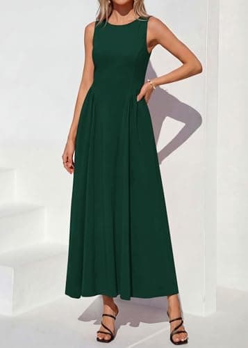 KIRUNDO Wedding Guest Dresses for Women 2026 Summer Semi Formal Work Sleeveless Elegant Boat Neck Flowy A Line Maxi Dress(Dark Green, XX-Large) - Thumbnail 2