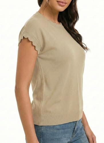 Jenisso Women Summer Sweater Cap Sleeve Lightweight Pullover Soft Knit Top with Scallop Wavy(Beige,XL) - Thumbnail 3