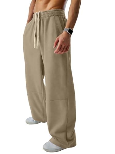 JMIERR Mens Baggy Loose Fit Raw Hem Sweatpants Casual Drawstring Pants Y2K Wide Leg Stretchy Pants with Pockets Khaki - Image 1