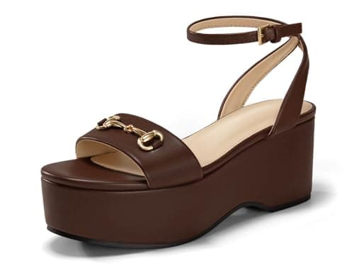 Junayuan Womens Summer Platform Sandals Chunky Wedges Heels Open Toe Ankle Strap Dress Shoes with Metal Buckle, Dark Brown, Size 7.5 - Image 1