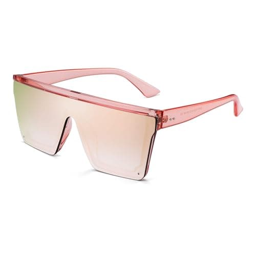 JIM HALO Flat Top Shield Sunglasses Square Mirror Rimless Glasses for Women Men (Pink Frame/Mirror Pink Lens) - Image 1