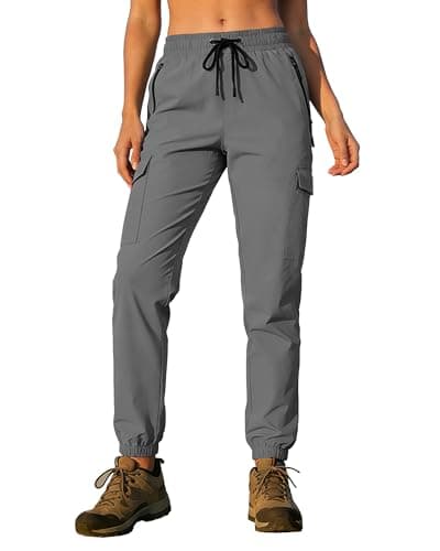 Womens Cargo Hiking Pants Joggers with Pockets Waterproof Quick Dry UPF 50+ Lightweight Elastic Waist Drawstring Travel Casual Work Athletic Jogging Dark Grey L - Image 1