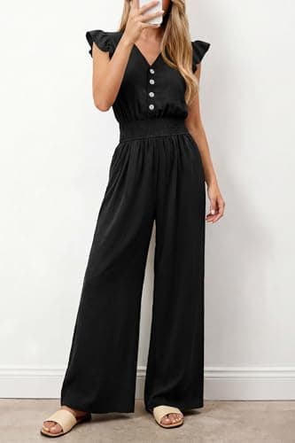 dowerme Women's Jumpsuits Dressy Casual 2026 Summer Ruffle Cap Sleeve V Neck Button Smocked Rompers Wide Leg Overalls(Black,XX-Large) - Thumbnail 2