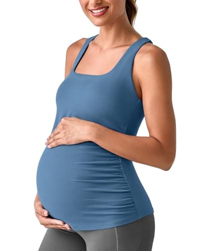 G4Free Maternity Tank Tops for Women Yoga Gym Cami Tanks Removable Pads Square Neck Hip Length Casual Lounge Pregnancy Camisole(Blue Gray,XL) - Image 1