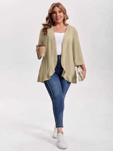 MK Shop Limited Plus Size Cardigan for Women Casual 3/4 Sleeve Lightweight Soft Open Front Cardigans with Pockets Khaki XL - Thumbnail 4