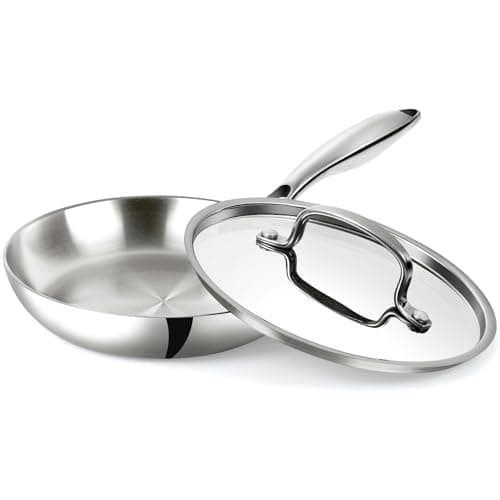 USELUCK Stainless Steel 8 Inch Frying Pan, Tri-ply Clad Base Non-toxic Skillets with Stainless Steel Lid, Fast and Even Heating Stay Cool Handles Induction Dishwasher & Oven Safe PFOA Free Cookware - Image 1