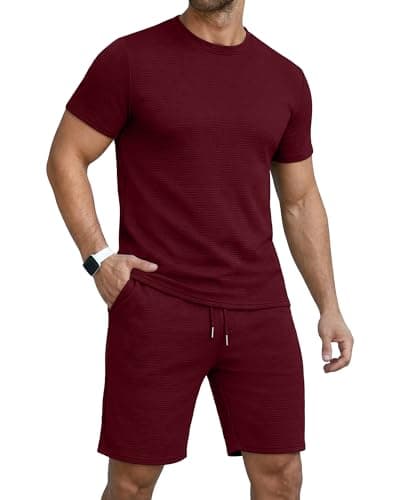 YTD Men's Short Sets 2 Piece Outfits Fashion Short Sleeve Summer Tracksuits Casual Set with Pockets X-Large Wine Red - Image 1