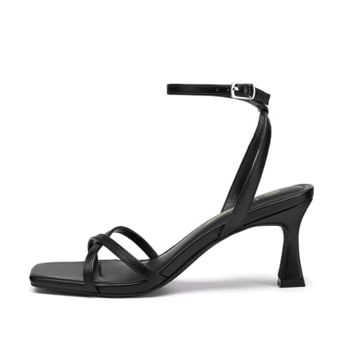Athlefit Black Kitten Heels for Women Square Open Toe Strappy High Heels Comfortable Dressy Summer Graduation Ankle Strap Heeled Sandals Size 7.5 - Thumbnail 4