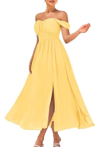 2025 Women's Summer Sleeveless Off Shoulder Floral Flowy A Line Maxi Dresses Light Yellow XL - Image 1