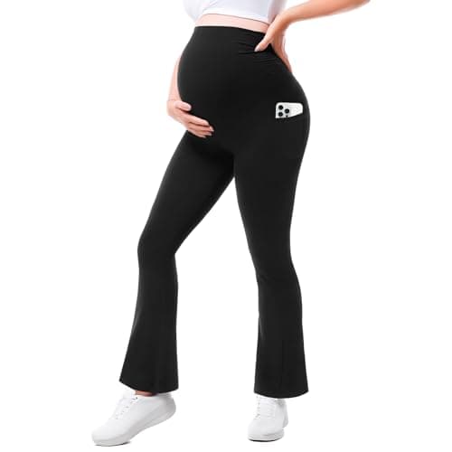 Walifrey Maternity Flared Leggings with Pocket Over The Belly Buttery Soft Pregnancy Yoga Pants Black XXL - Image 1