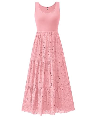 BTFBM Women Summer Eyelet Midi Dresses Casual Spring 2026 Sleeveless A Line Flowy Vacation Beach Wedding Guest Sun Dress(Pink, XX-Large) - Image 1