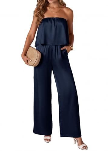 KIRUNDO Jumpsuits For Women Dressy 2026 Casual Tube Top Summer Romper Flowy Satin Strapless One Piece Vacation Outfits(Navy Blue, X-Large) - Image 1