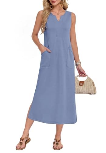 WNEEDU 2026 Boho Sundress Sleeveless Side Slit Soft Wrinkle-Free Midi Dress Tropical Cruise Vacation Party Outfit,Gray Blue,XL - Image 1