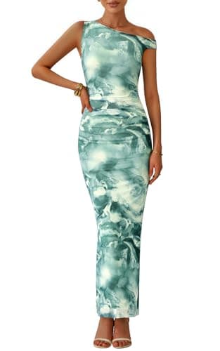 PRETTYGARDEN Women's 2026 Summer Floral One Shoulder Maxi Dress Stretch Sexy Bodycon Dress Slip Cocktail Long Dresses (Floral Grey Green, Small) - Image 1