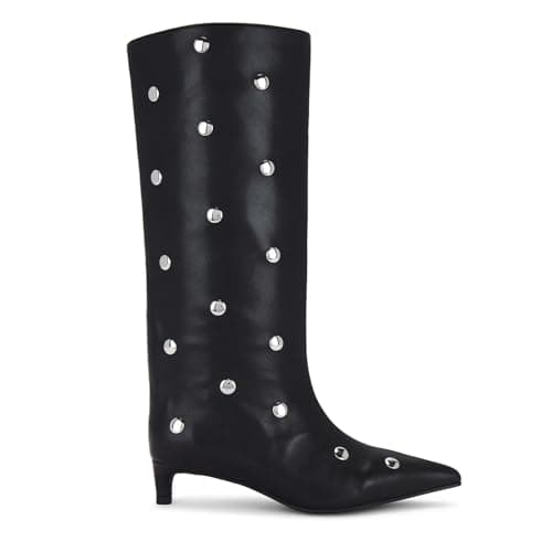 QIV Black Studded Knee High Boots Women Pointed Toe Kitten Heel Mid Wide Calf Boots with Zipper Size 9.5 - Image 1
