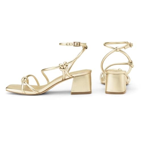 Athlefit Gold Heels Sexy Women Strappy Heels with Square Toe Low Chunky Block Heels Sandals Comfortable Summer Party Shoes for Dancing Wedding Prom Work 8.5 - Thumbnail 4