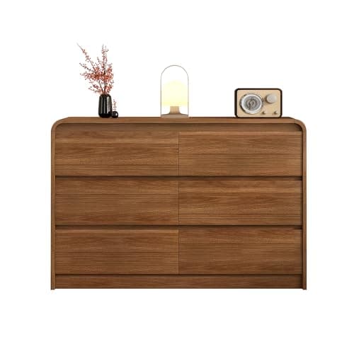 6 Drawer Dresser For Bedroom 47 Inch Wood Chest of Drawers - Curved Anti Collision, Mid Century Dresser For Closet with Natural Texture & Pre-Embedded Slots for TV Stand, Living Room, Nursery - Image 1