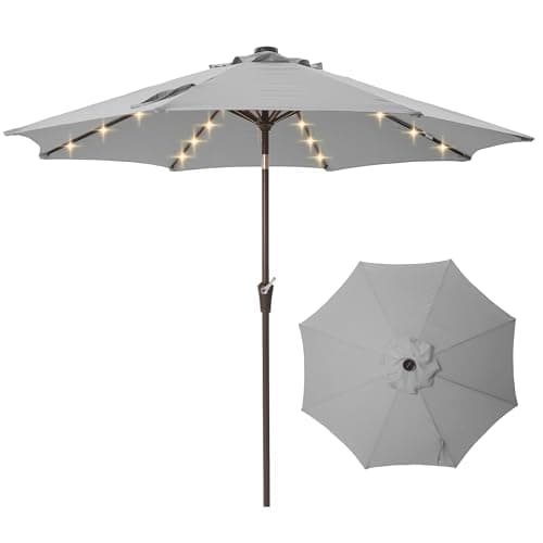 Tioline 9FT Solar-Powered LED Patio Umbrella with Tilt Crank,Outdoor Market Umbrella with 32 Lights,Sunshade for Deck, Garden and Pool,Light Grey - Image 1