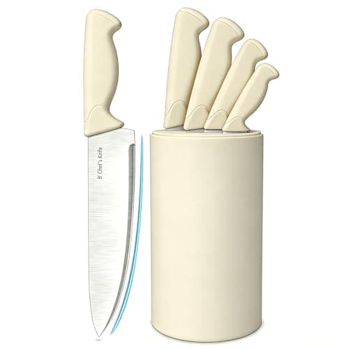 HENKELIVING Knife Set, 6-Piece Kitchen Knife Set, German High Carbon Stainless Steel, Durable & Easy Clean Knife Block, Cream - Image 1