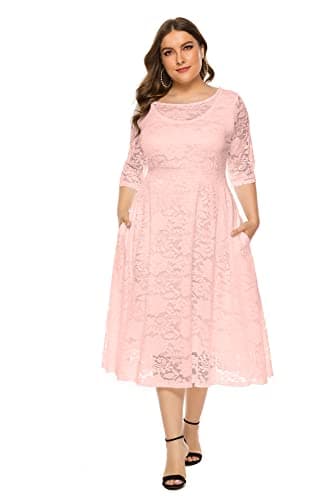 Eternatastic Womens Scooped Neckline Floral lace Top Plus Size Cocktail Party Midi Dress 6XL Pink - Thumbnail 5
