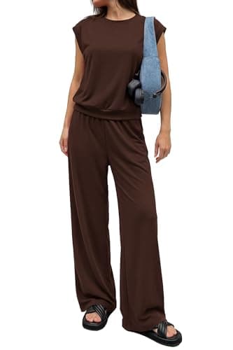 PRETTYGARDEN Women's Summer 2 Piece Lounge Sets 2026 Cap Sleeve Tops Wide Leg Pants Workout Sets Loose Casual Tracksuit(Brown,Medium) - Image 1