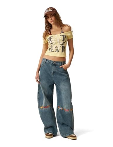 Aelfric Eden Dachshund Embroidery Baggy Barrel Jeans Wide Leg Y2K Denim Pants Straight Loose Jeans Streetwear Unisex Blue 28 - Thumbnail 2