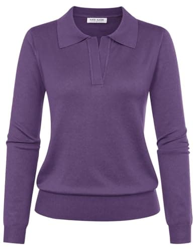Kate Kasin Dark Purple Long Sleeve Sweaters for Women, V Neck Knitted Tops, Lightweight Collared Sweater Shirts M - Image 1