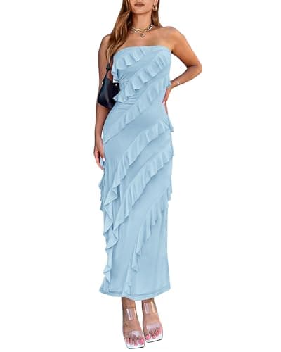 BTFBM Women Summer Elegant Strapless Midi Ruched Bodycon Dress Solid Color Stretch Mesh Slim Party Cocktail Dresses - Image 1