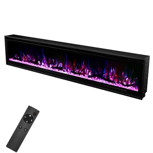 60 Insert Electric Fireplace, Fully Recessed or Wall Mounted, 4 Flame Colors, 4 Brightness Levels, Crystals,Log, Remote Control, 750-1500W. - Image 1