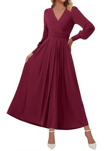 BTFBM Womens Long Sleeve Maxi Dress Fall 2025 Casual V Neck Knit A Line Flowy Pockets Elegant Party Wedding Guest Dresses(Burgundy, XX-Large) - Image 1
