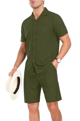 PrinStory Mens Short Sleeve Outfits 2 Piece Summer Beach Button Down Shirts and Shorts Set Tracksuit with Pockets Army Green-XL - Image 1