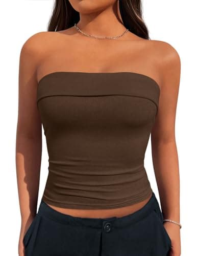 MASCOMODA Womens Strapless Tube Tops Summer Slim Fitted Bandeau Top Crop Cute Going Out Tops Sleeveless Ruched Y2k Clothes(Brown,XX-Large) - Image 1