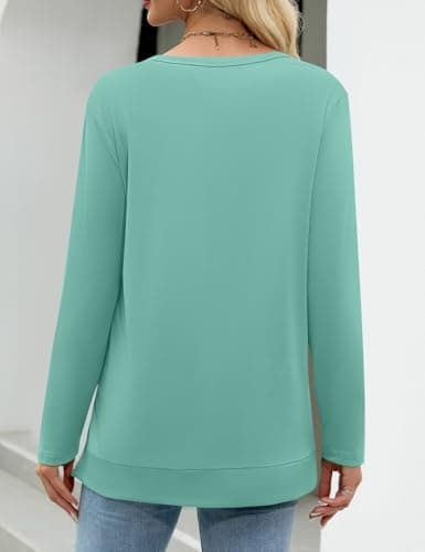 JUSTFASHIONNOW Womens Long Sleeve Tunic Tops to Wear with Leggings Crew Neck Side Split Layering Shirts Loose Fit Long Tops Cadet Blue - Thumbnail 5