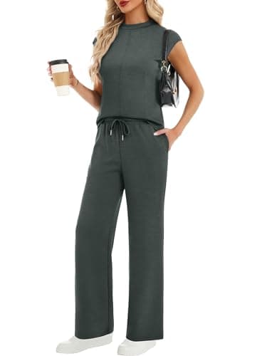 Casly Lamiit Two Piece Sets for Women Casual Summer Outfit Lounge Short Cap Sleeve Wide Leg Pants Set Beach Vacation Travel Outfits Dark Grey Green L - Image 1