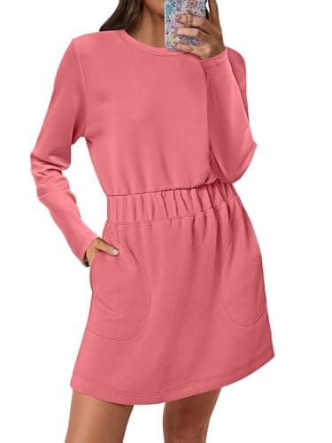ANRABESS Womens Long Sleeve Dress 2025 Fall Casual Elastic Waist Short Mini T Shirt Dresses with Pockets Travel Outfits Coral - Image 1
